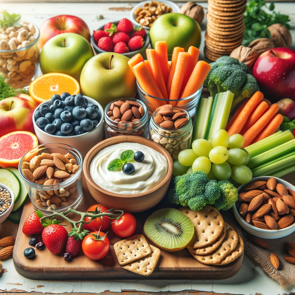 DALL·E 2024-06-14 14.40.54 – A variety of healthy snacks arranged on a table. The snacks include fresh fruits like apples, bananas, and berries; vegetables such as carrot sticks,